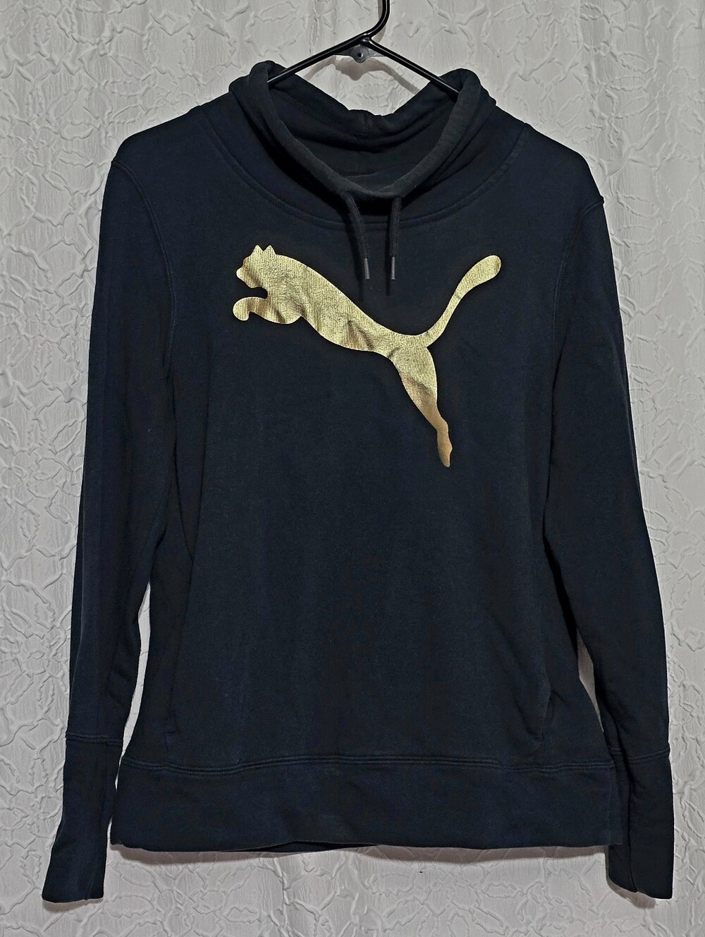 Puma Navy Drawstring Cowl Neck Pullover Sweatshirt w/Gold Cat Logo Large
